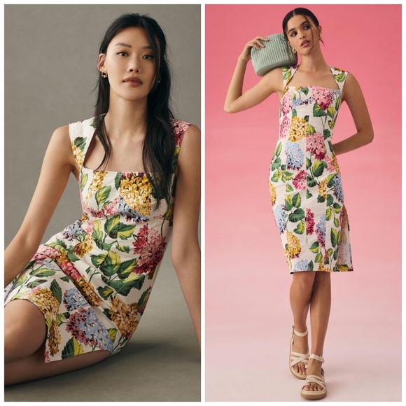 Anthropologie Slim Square-Neck Floral Garden Print Sheath Dress - Picture 2 of 4